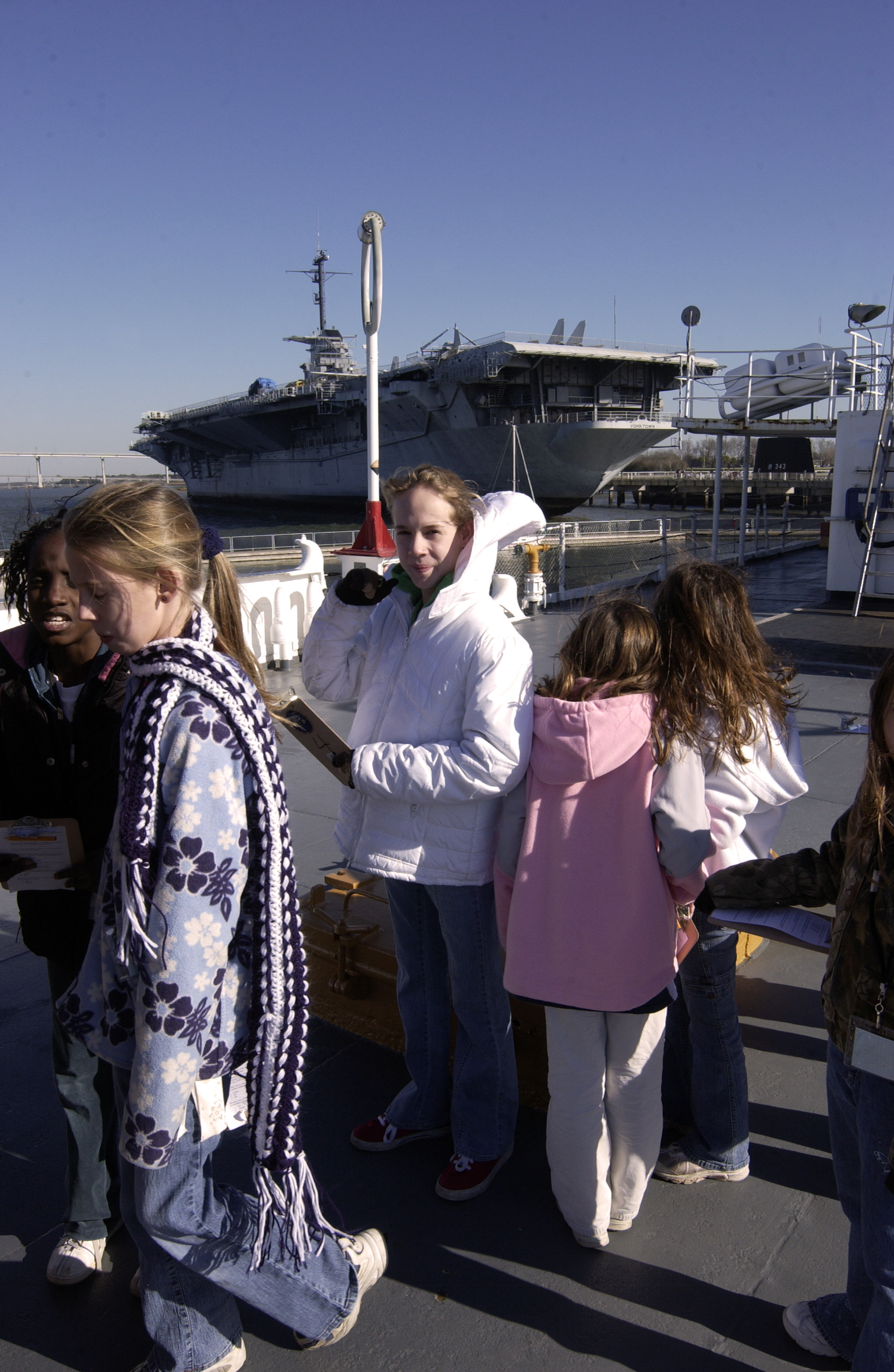 Fifth graders visit USS Yorktown for history and science program.