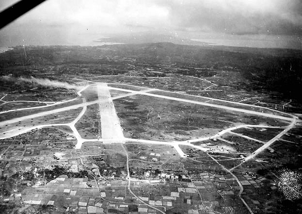 yontan-airfield-1945 Looking south at Yontan airfield on Okinawa in 1945.
