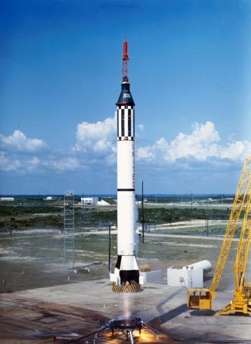 This Redstone rocket on 05 May 1961 launched Alan Shepard in Freedom Seven, America's first astronaut into space.