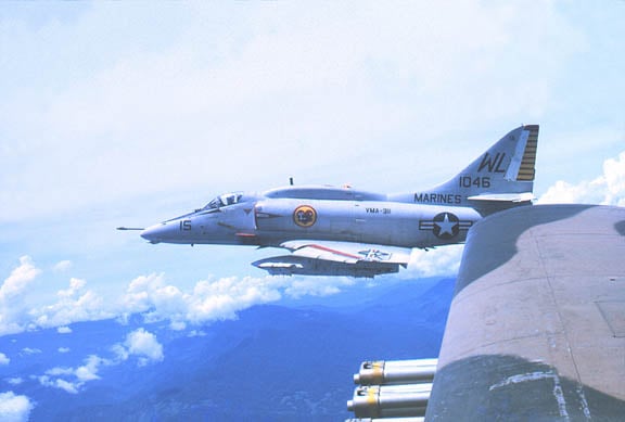 vma311a4 VMA 311 Skyhawk seen from an USAF Skyraider (another Douglas aircraft).