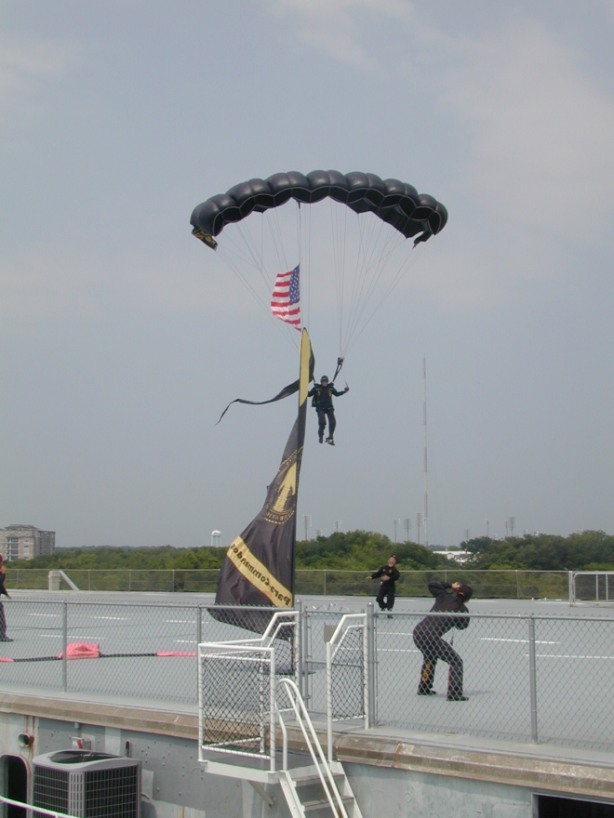 sop1 Special Operations Command parachutist coming in on the flight deck of Yorktown.