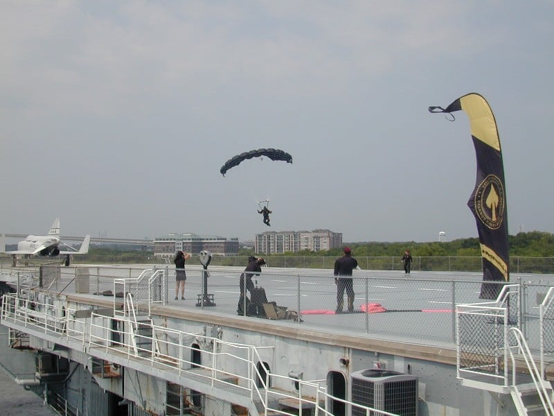 Army parachutist lands on Yorktown.