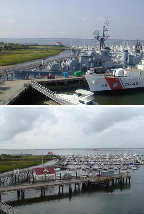 Laffey and Ingham at the pier (top) and the pier alone after departure (bottom).