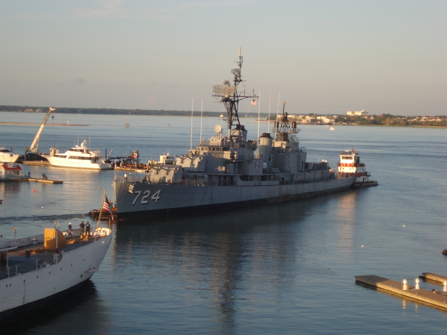 Laffey is backed out of her berth at Patriots Point by one of four tug boats set to lead her to Detyen's Shipyard.