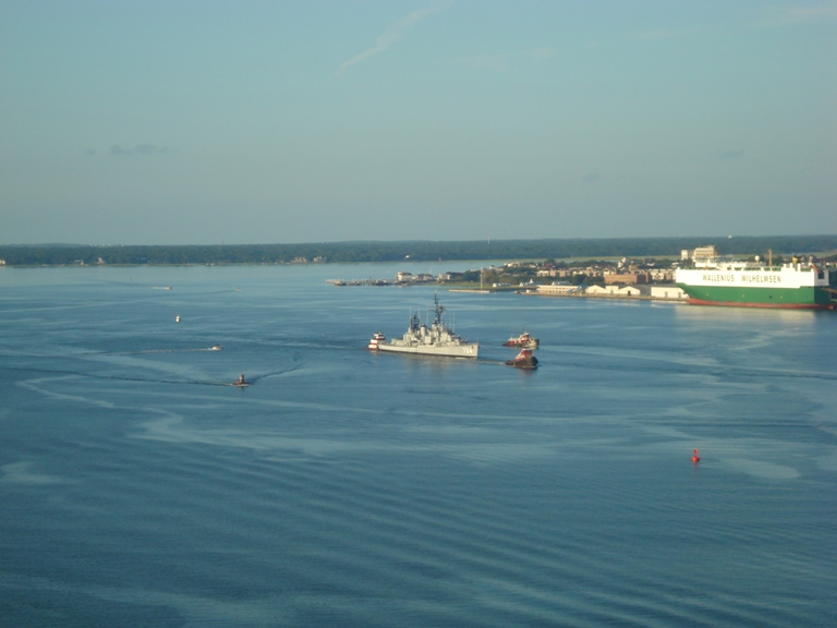 Laffey begins her trip up the Cooper River with Charleston in the background.