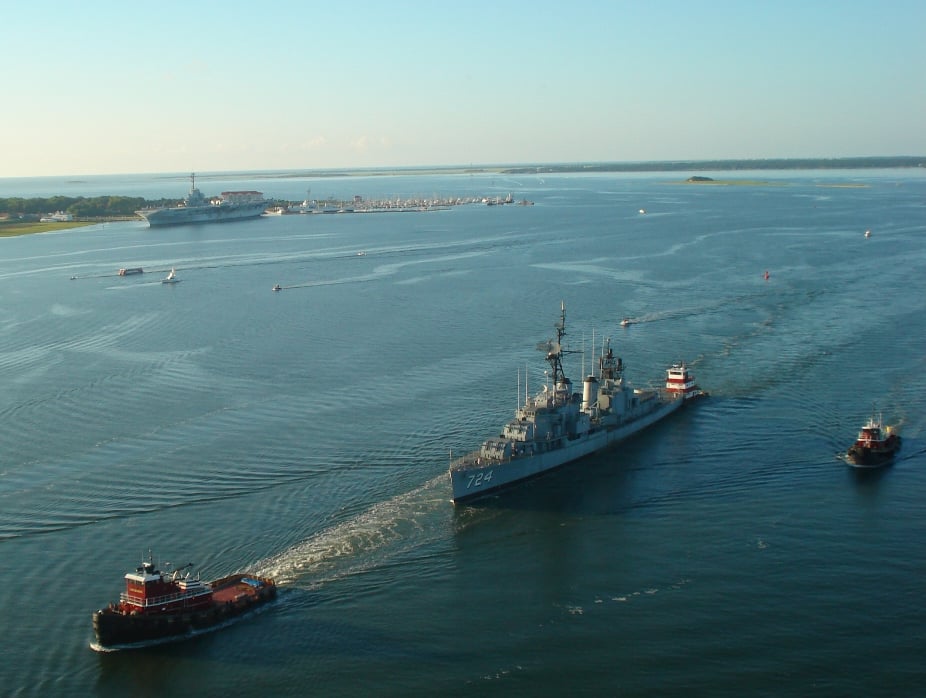 Laffey being towed up the Cooper River with Yorktown, Patriots Point, Charleston Harbor and Fort Sumter in the background.