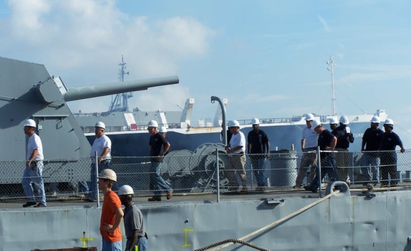 Patriots Point crew prepares to leave Laffey after securing all lines to pier.