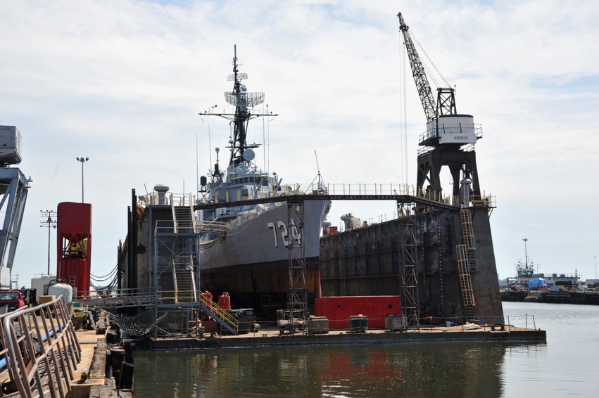 Laffey on the floating drydock at Detyens (old Charleston Navy Base).