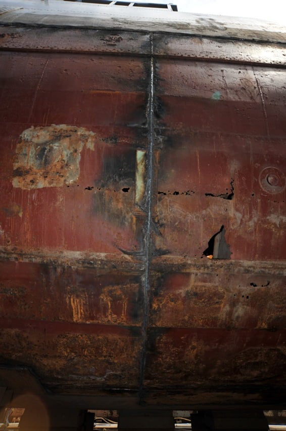 Holes and damage to hull of the Laffey.