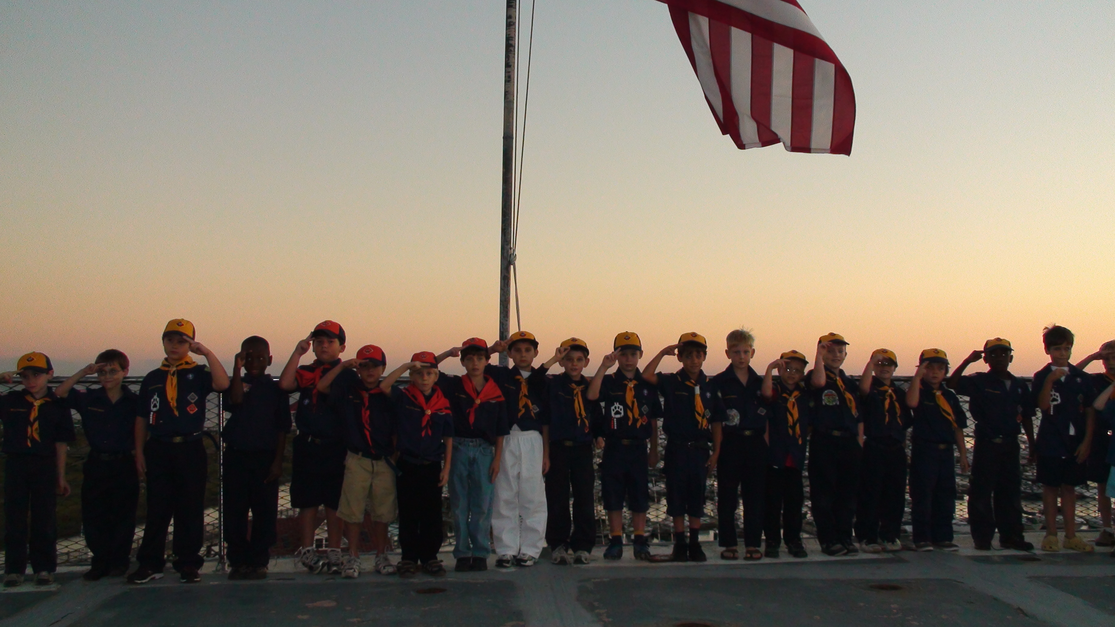 Cub scouts assembled on the aft end of the flight deck for flag program.