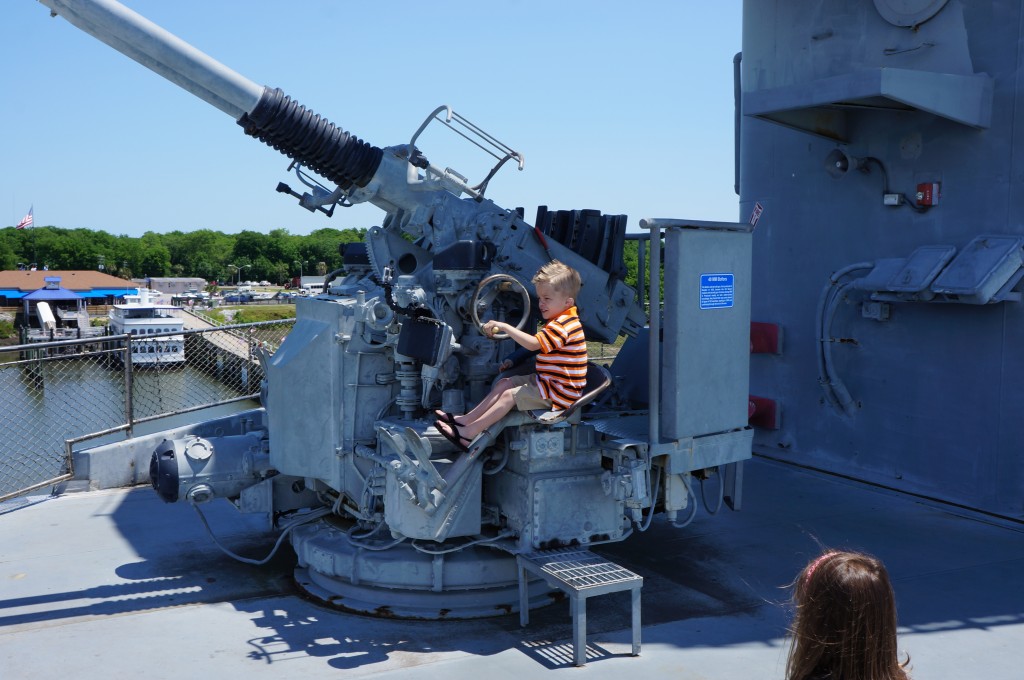 Hunter checked out the 40mm guns on the flight deck of the USS Yorktown