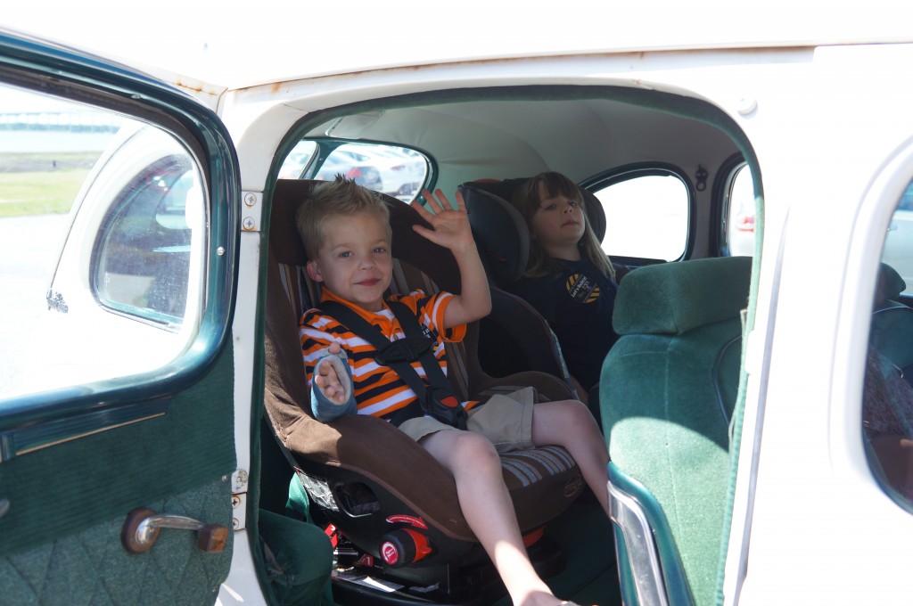 Hunter and his sister Emma enjoyed their ride in a 1939 Plymouth