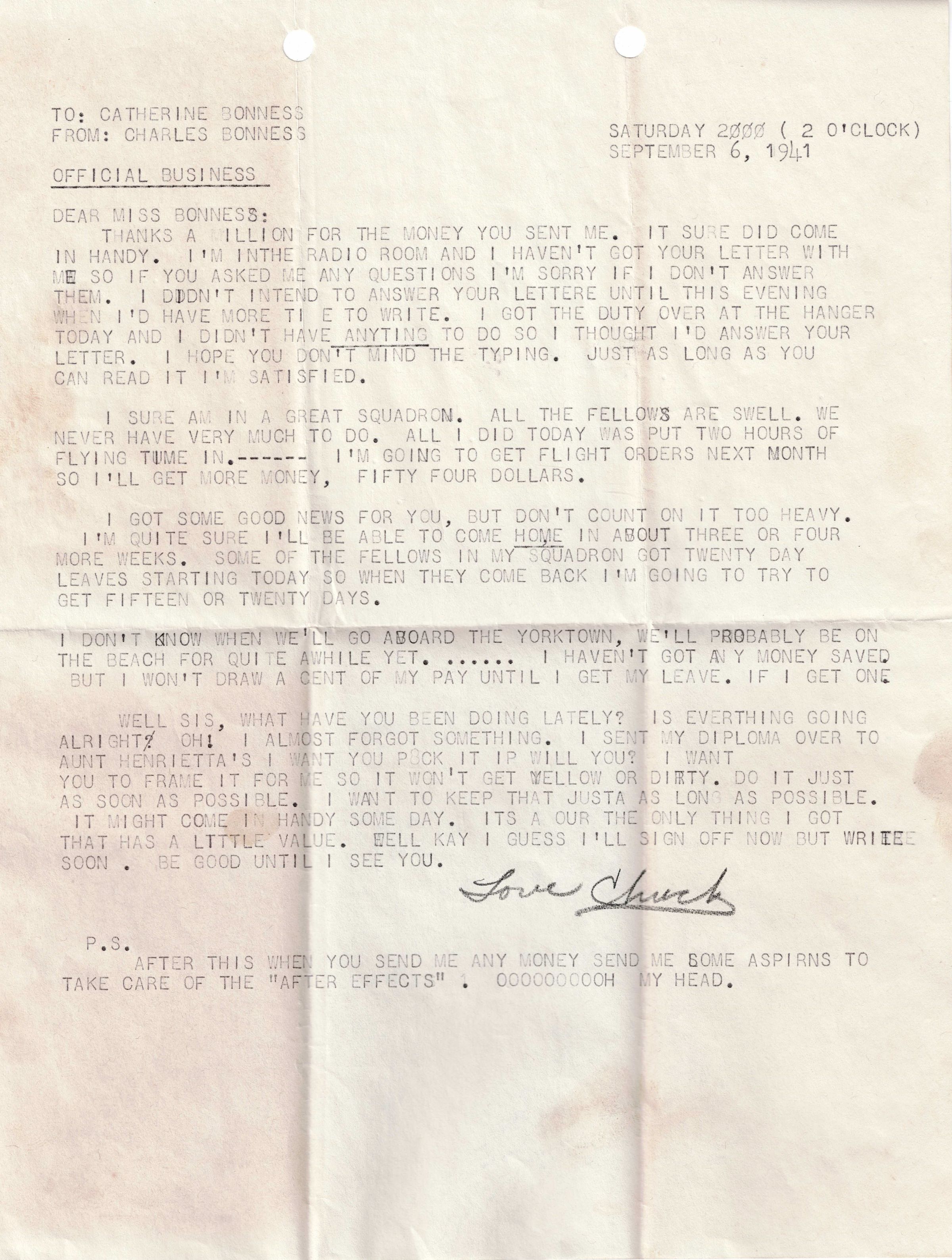 Primary Image of Letter from Charles Bonness to His Sister, September 6, 1941