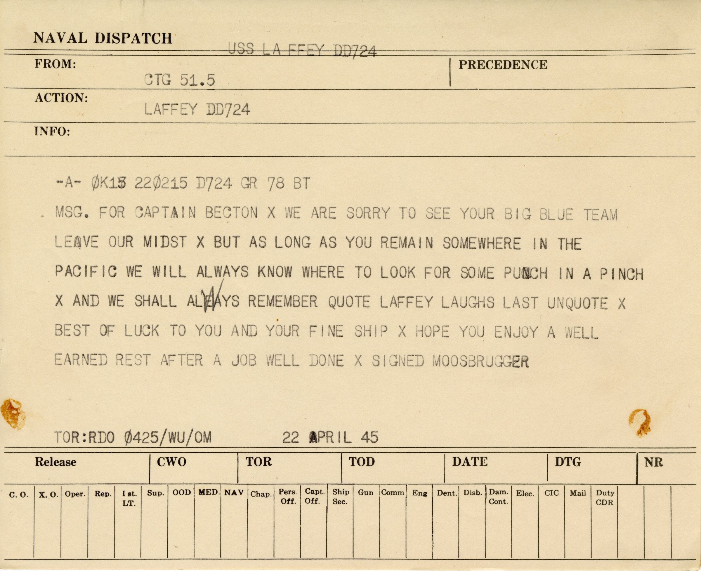 Primary Image of Message From Combat Task Group 51.5 to the USS Laffey (DD-724)