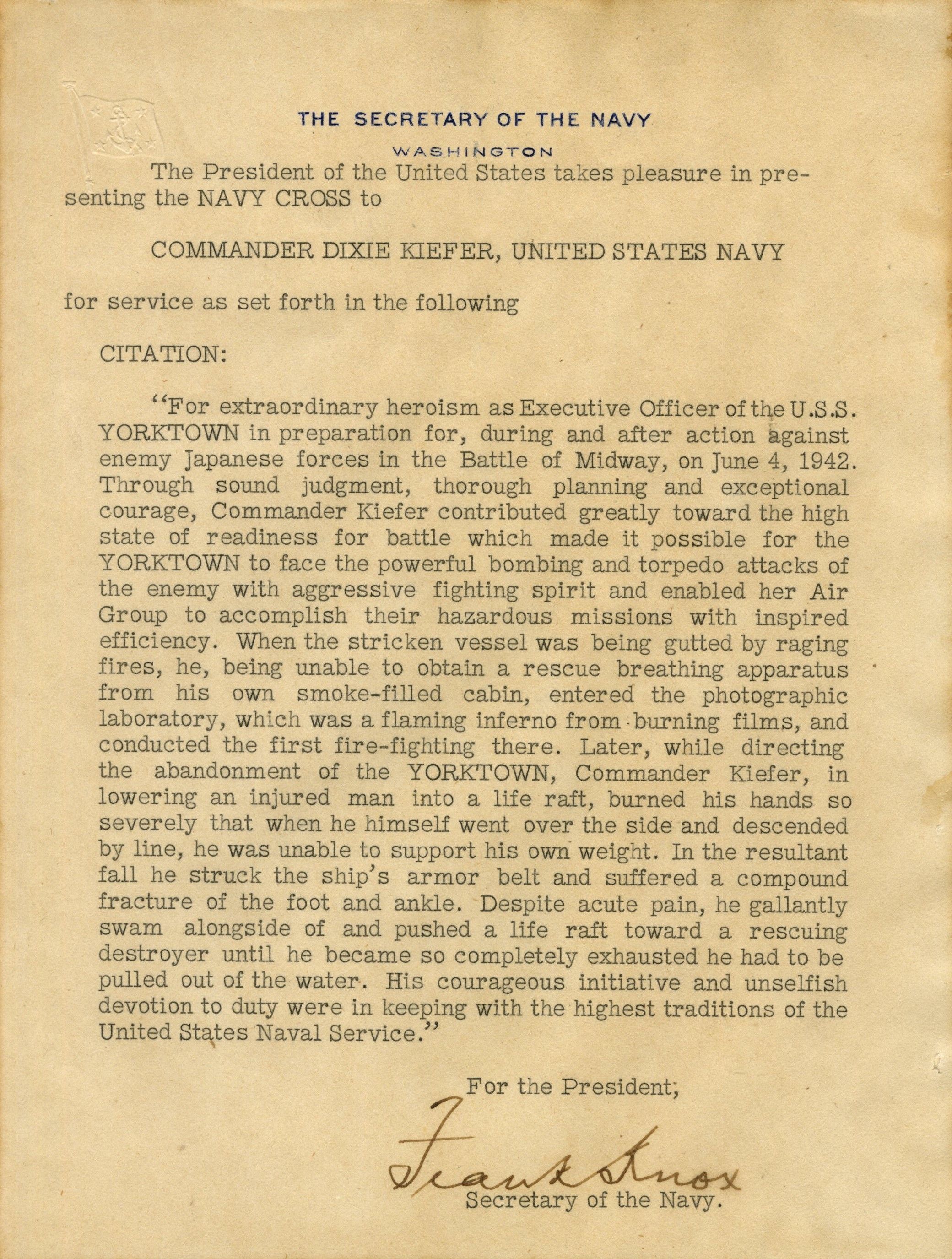 Primary Image of Navy Cross Citation of Dixie Kiefer