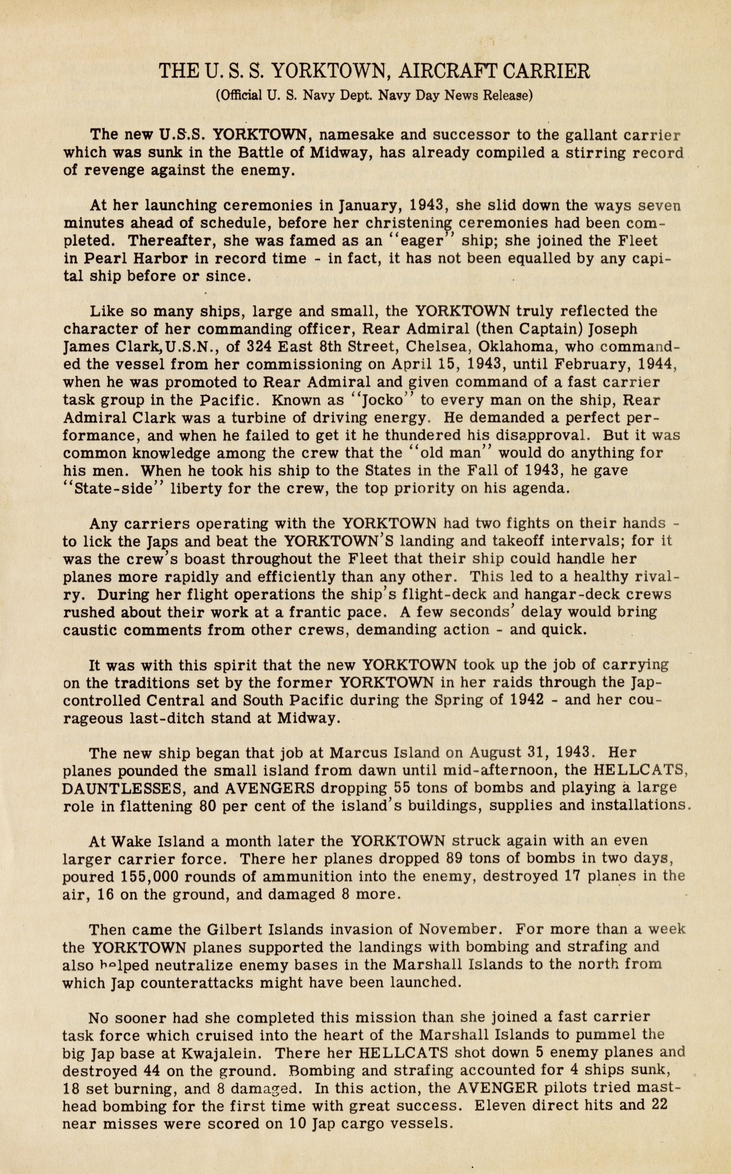 Primary Image of Official US Navy Department Press Release on the History of the USS Yorktown (CV-10)