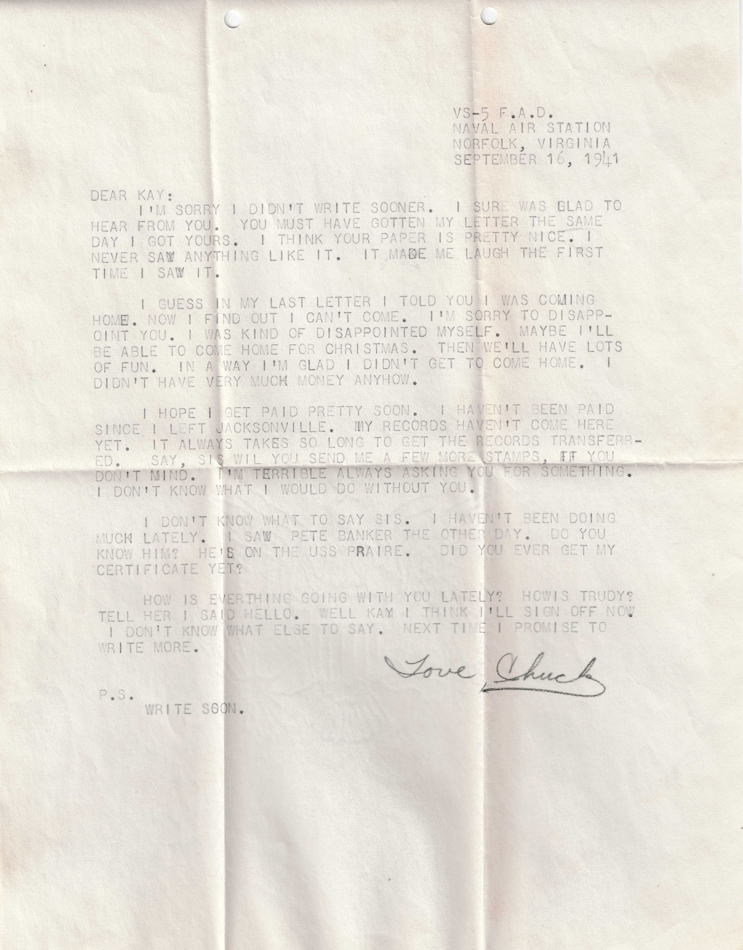Primary Image of Letter from Charles Bonness to His Sister, September 16, 1941