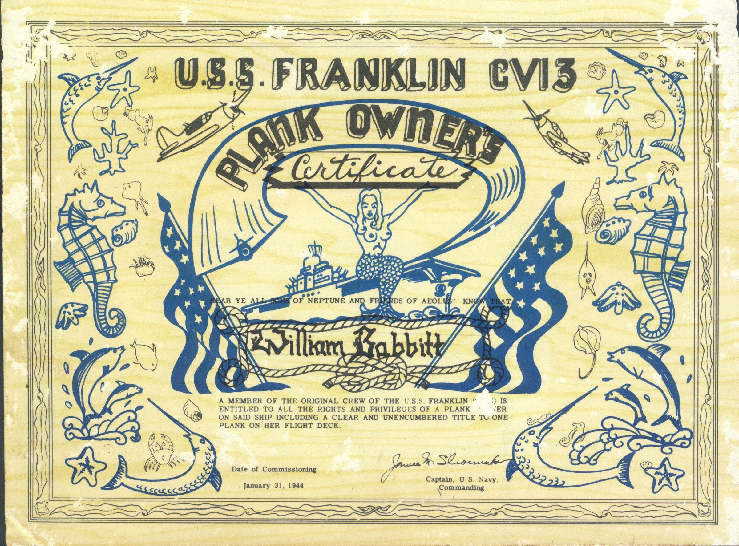 Primary Image of USS Franklin (CV-13) Plank Owner Certificate
