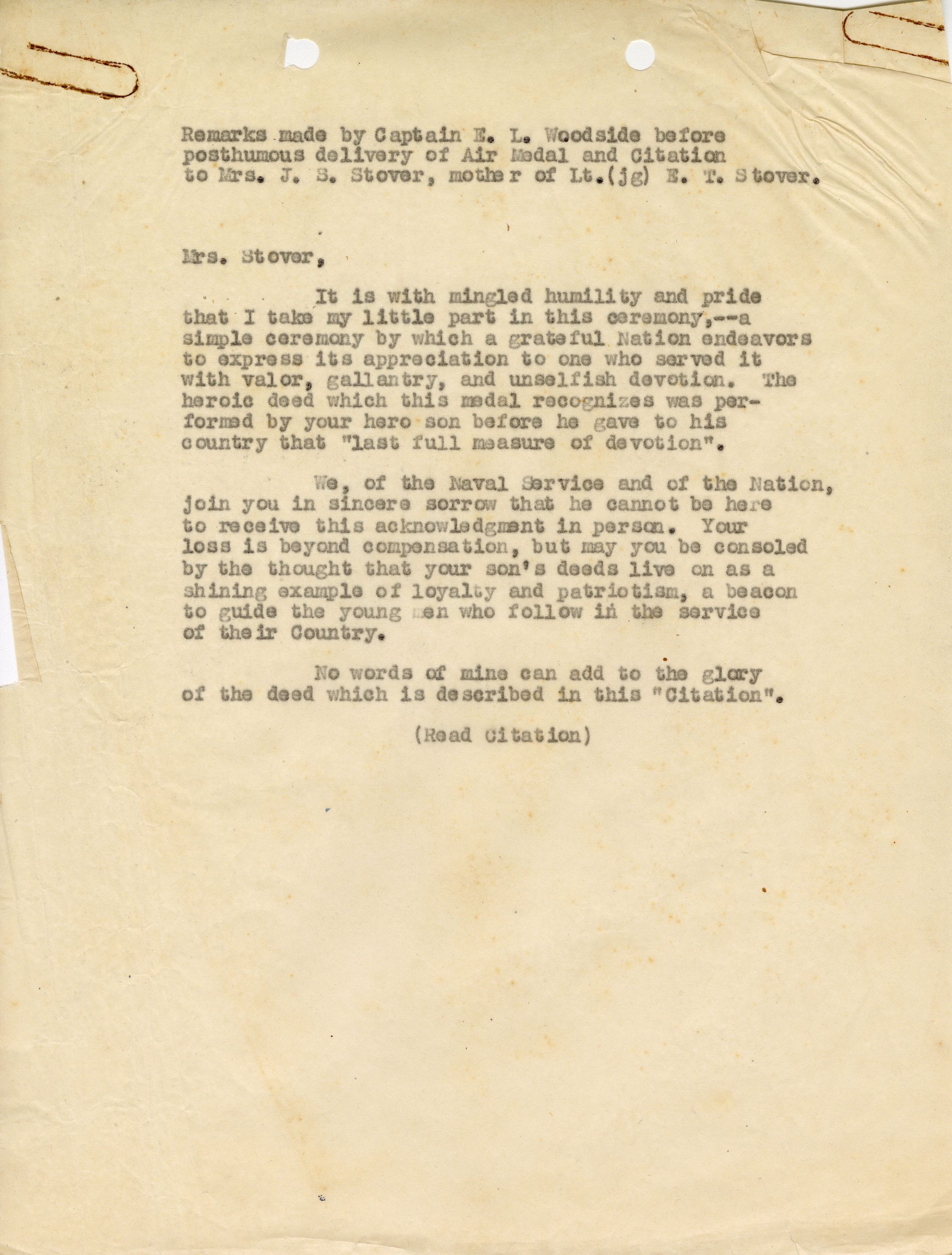 Primary Image of Remarks Made by Captain E. L. Woodside as he Posthumously Delivered Elisha