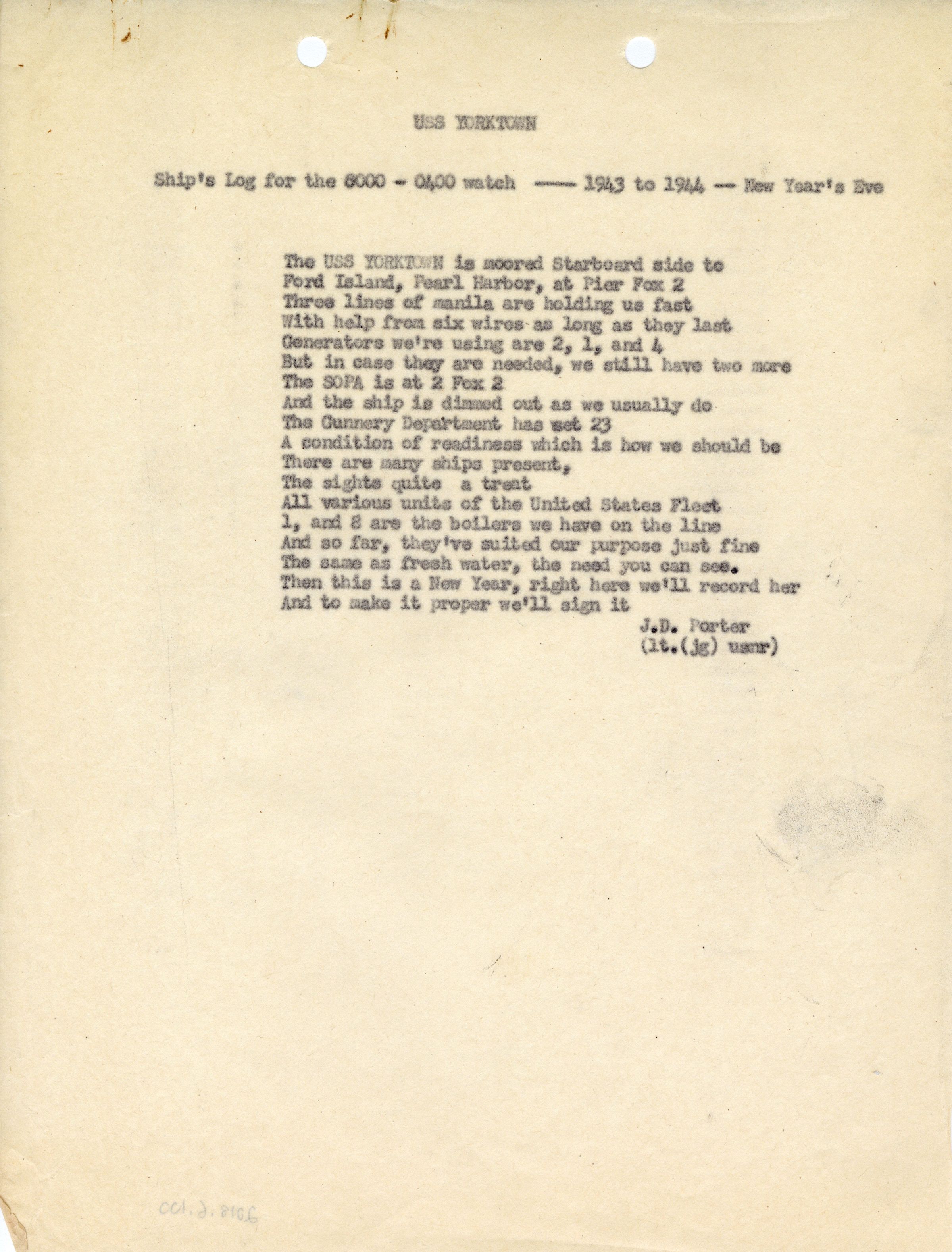 Primary Image of USS Yorktown (CV-10) Ship's Log Poem