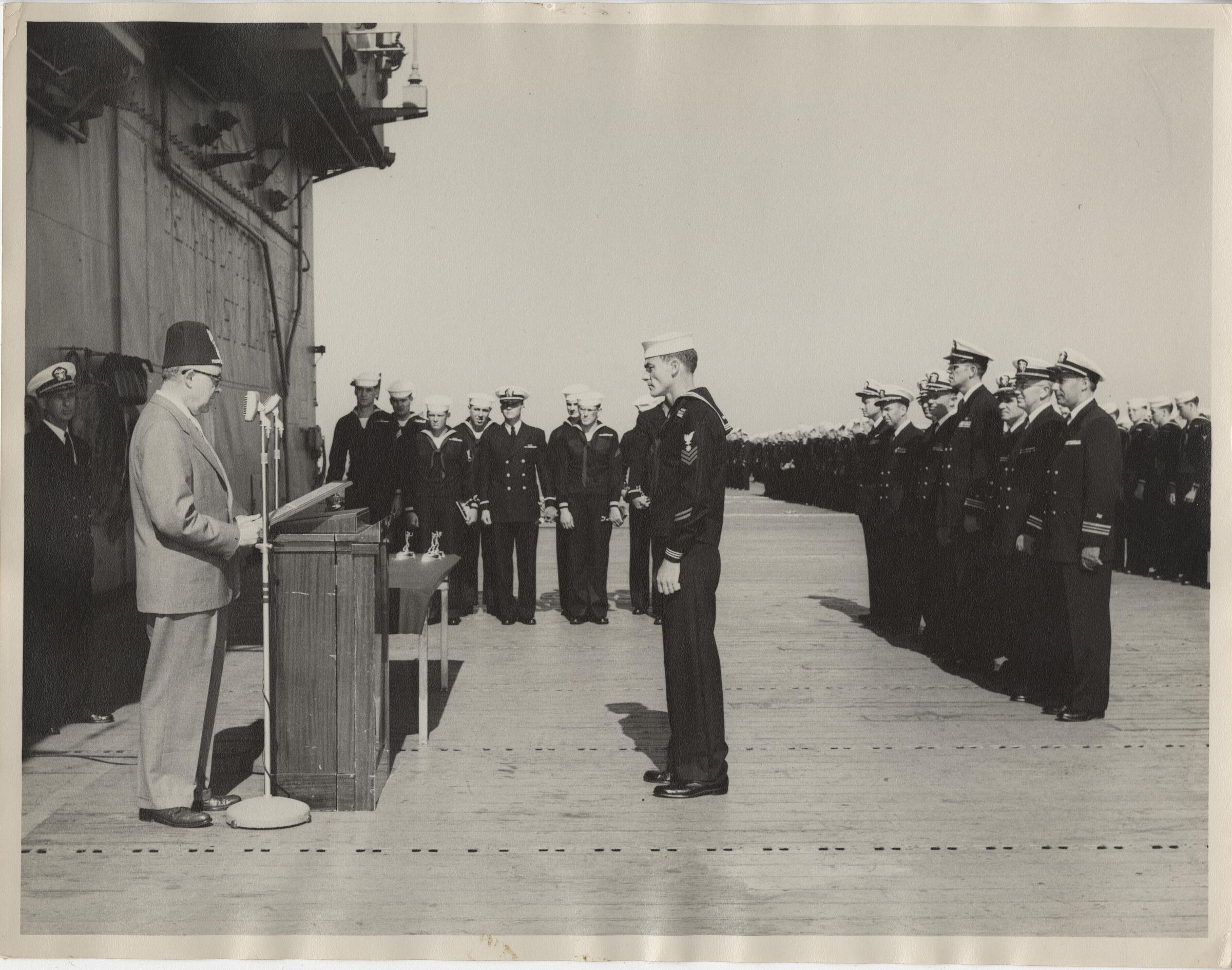 Primary Image of Award Ceremony Aboard the USS Yorktown (CVA-10)