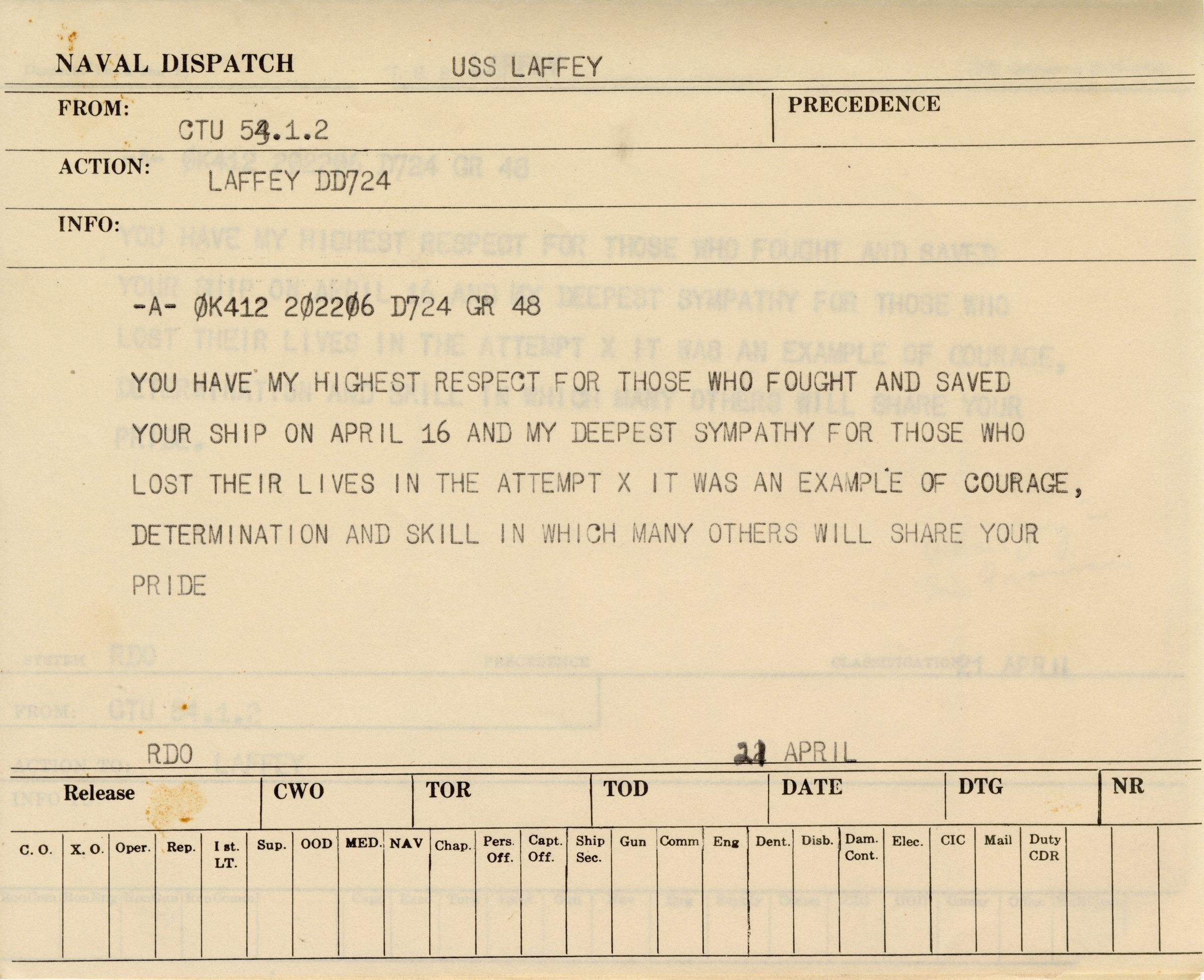 Primary Image of Message from Commander Task Unit 53.1.2 to the USS Laffey (DD-724) Dated April 21, 1945