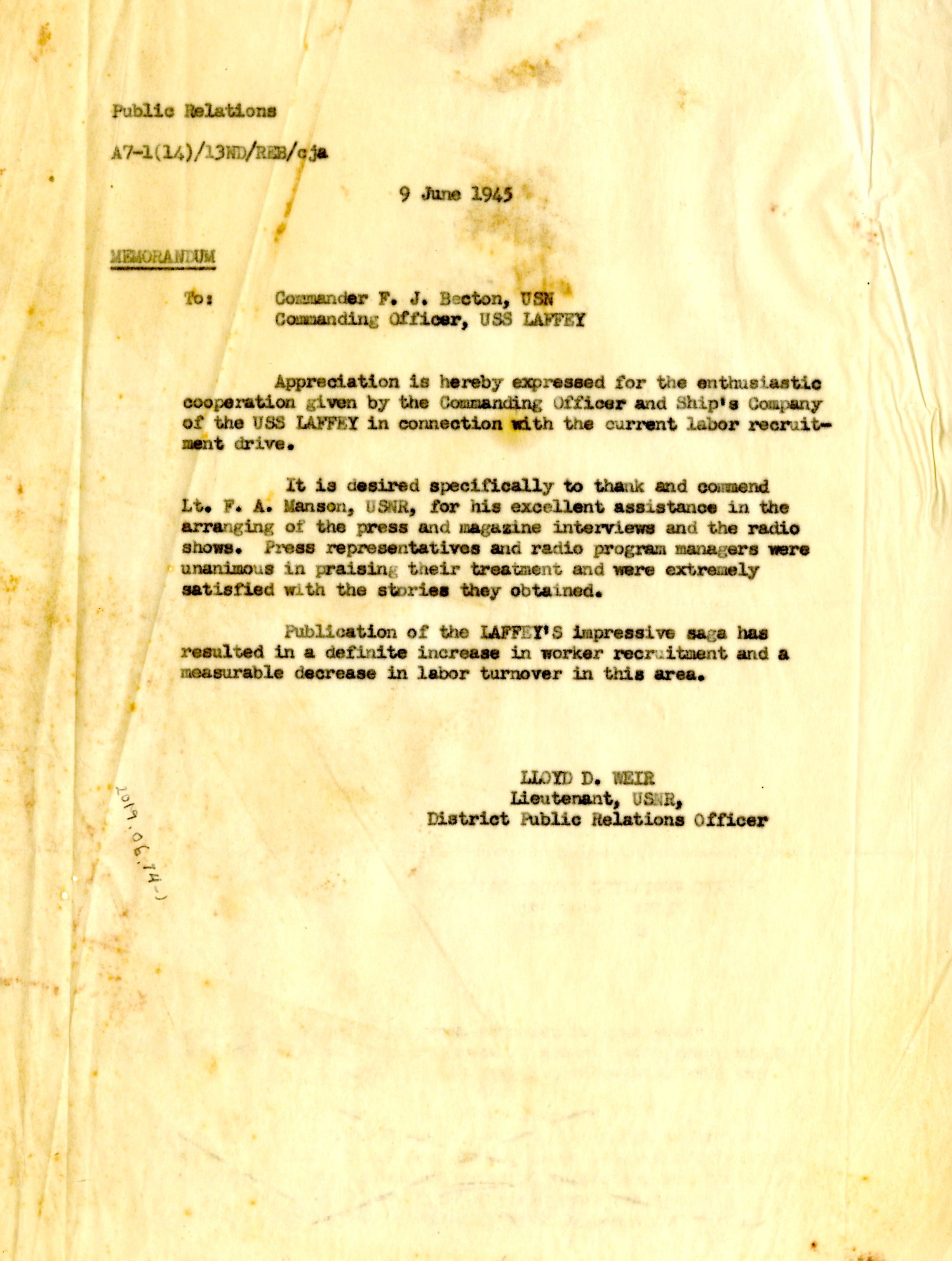 Primary Image of Memo of Appreciation