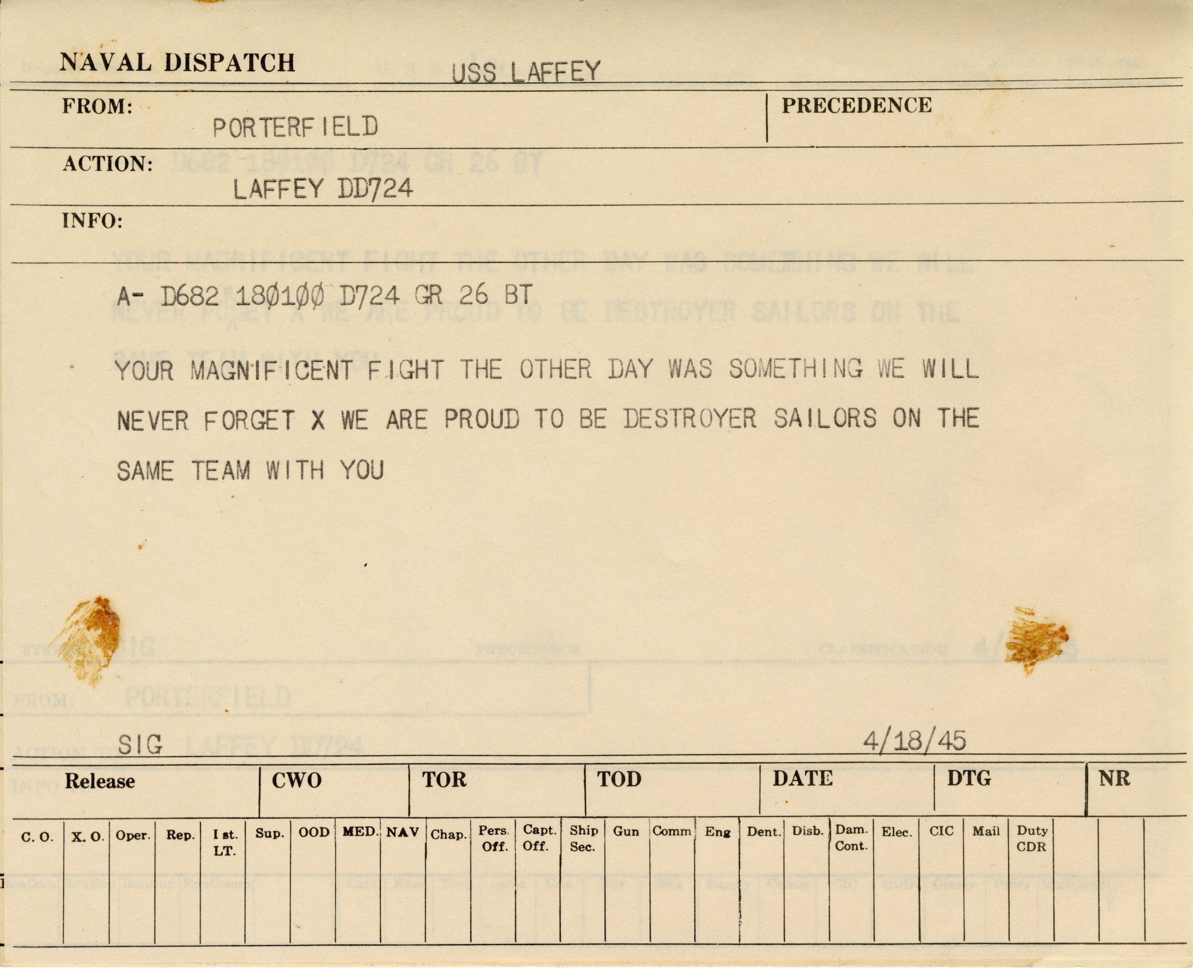 Primary Image of Message from the USS Porterfield (DD-682) to the USS Laffey (DD-724) Dated April 29, 1945