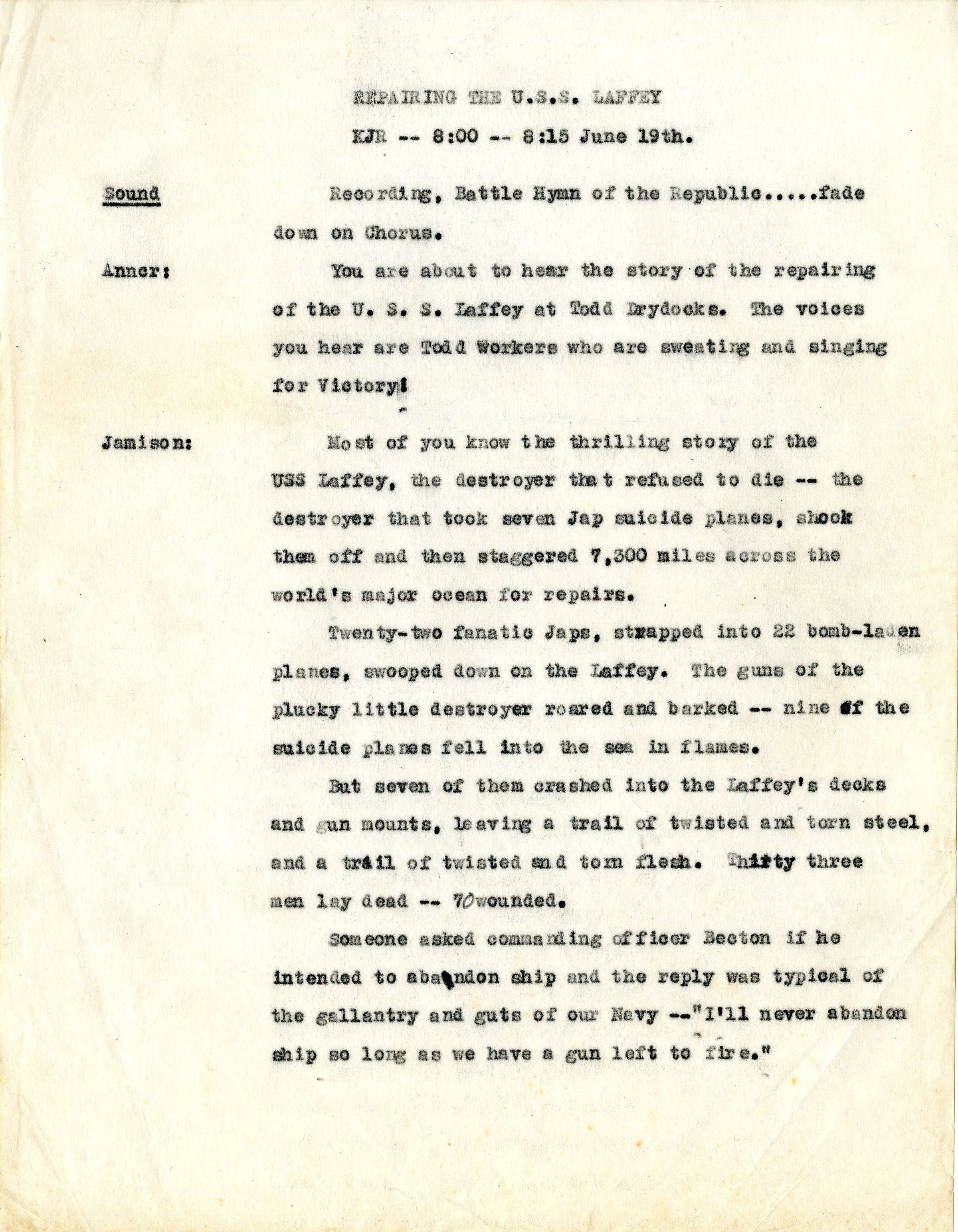 Primary Image of KJR Radio Script of the USS Laffey Repairs