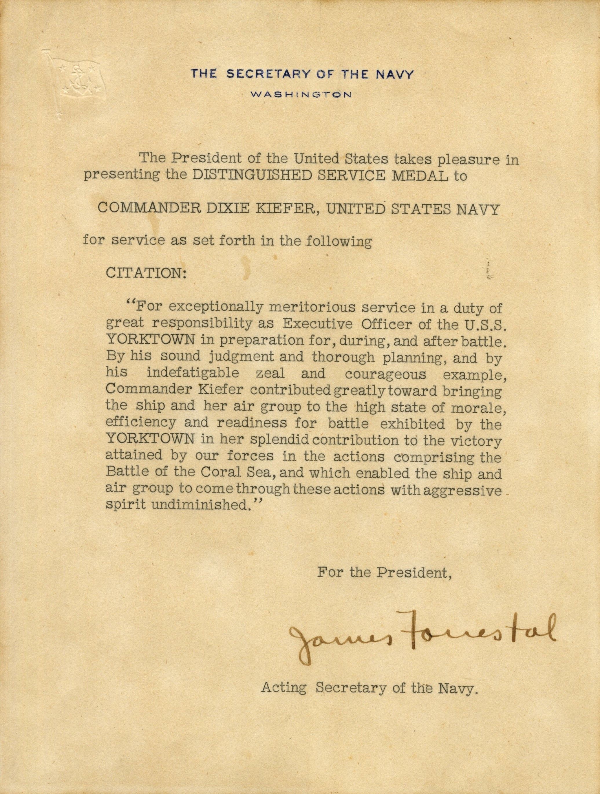 Primary Image of Distinguished Service Medal Citation for Dixie Kiefer