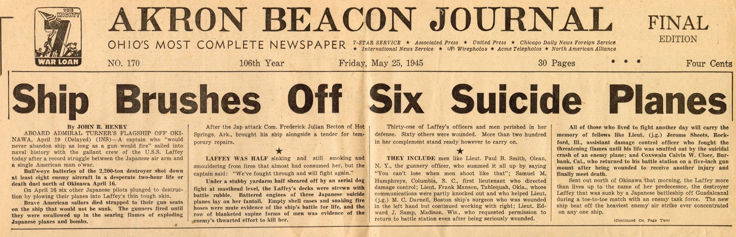 Ship Brushes Off Six Suicide Planes&quot;, Akron Beacon Journal, May 25 