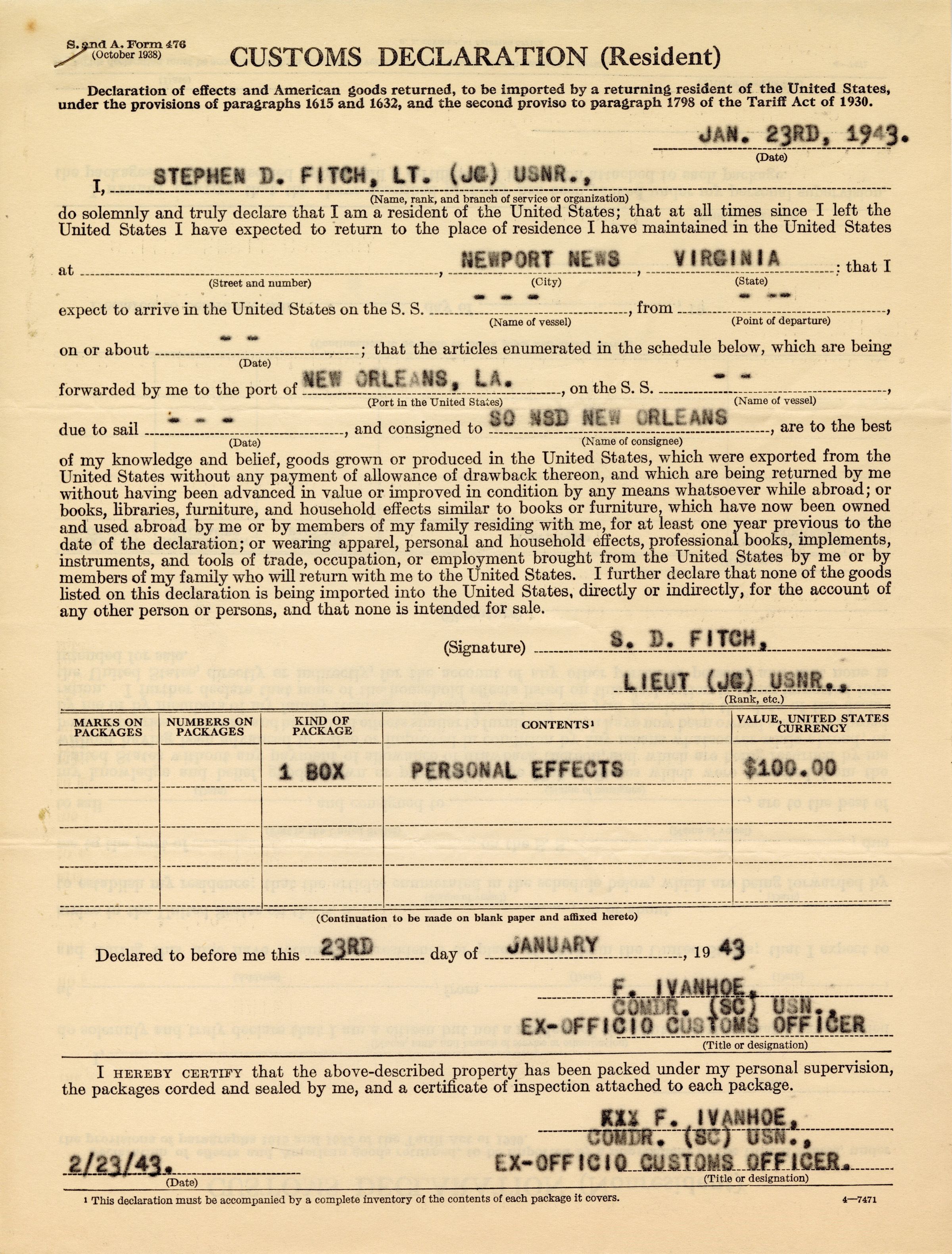 Primary Image of Customs Declaration Receipt