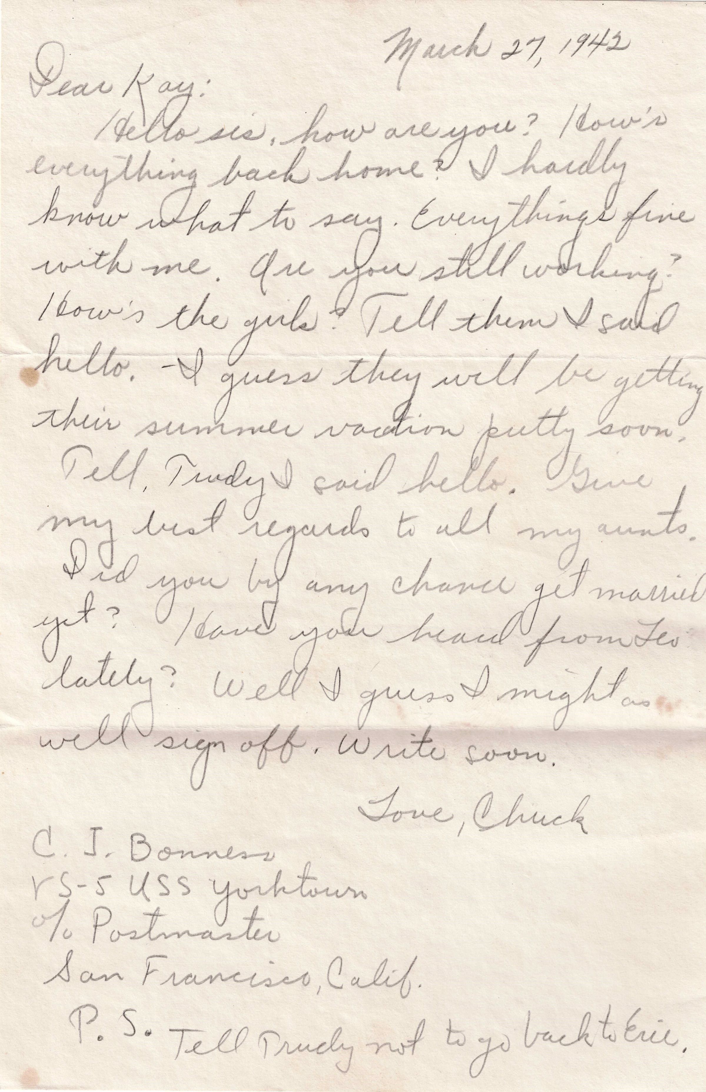 Primary Image of Letter from Charles Bonnes to His Sister, March 27, 1942