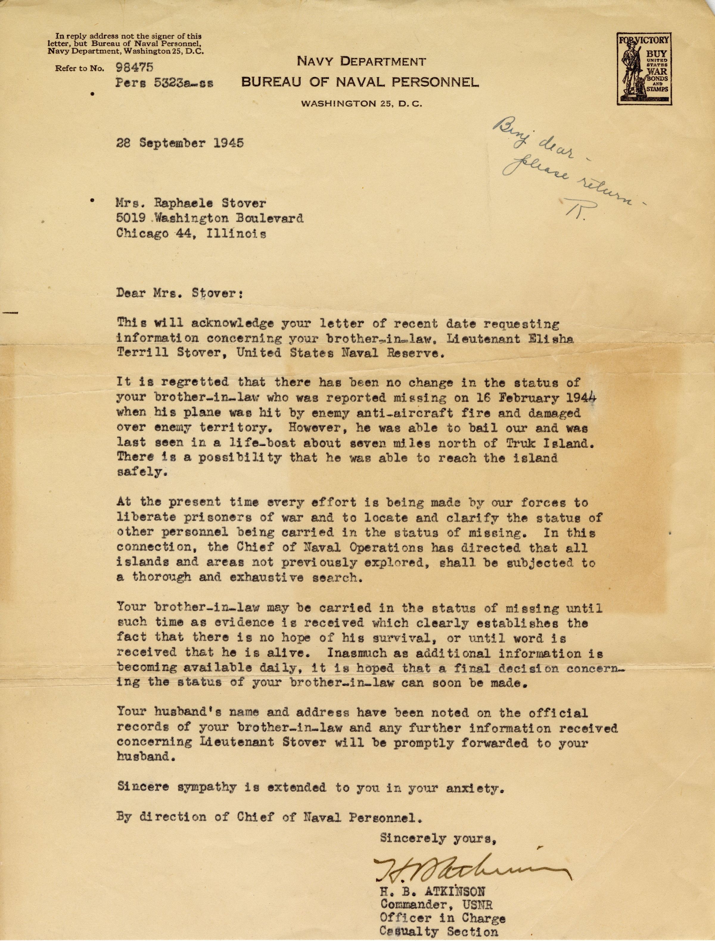 Primary Image of Missing in Action Letter Sent to Mrs. Raphaele Stover About Elisha