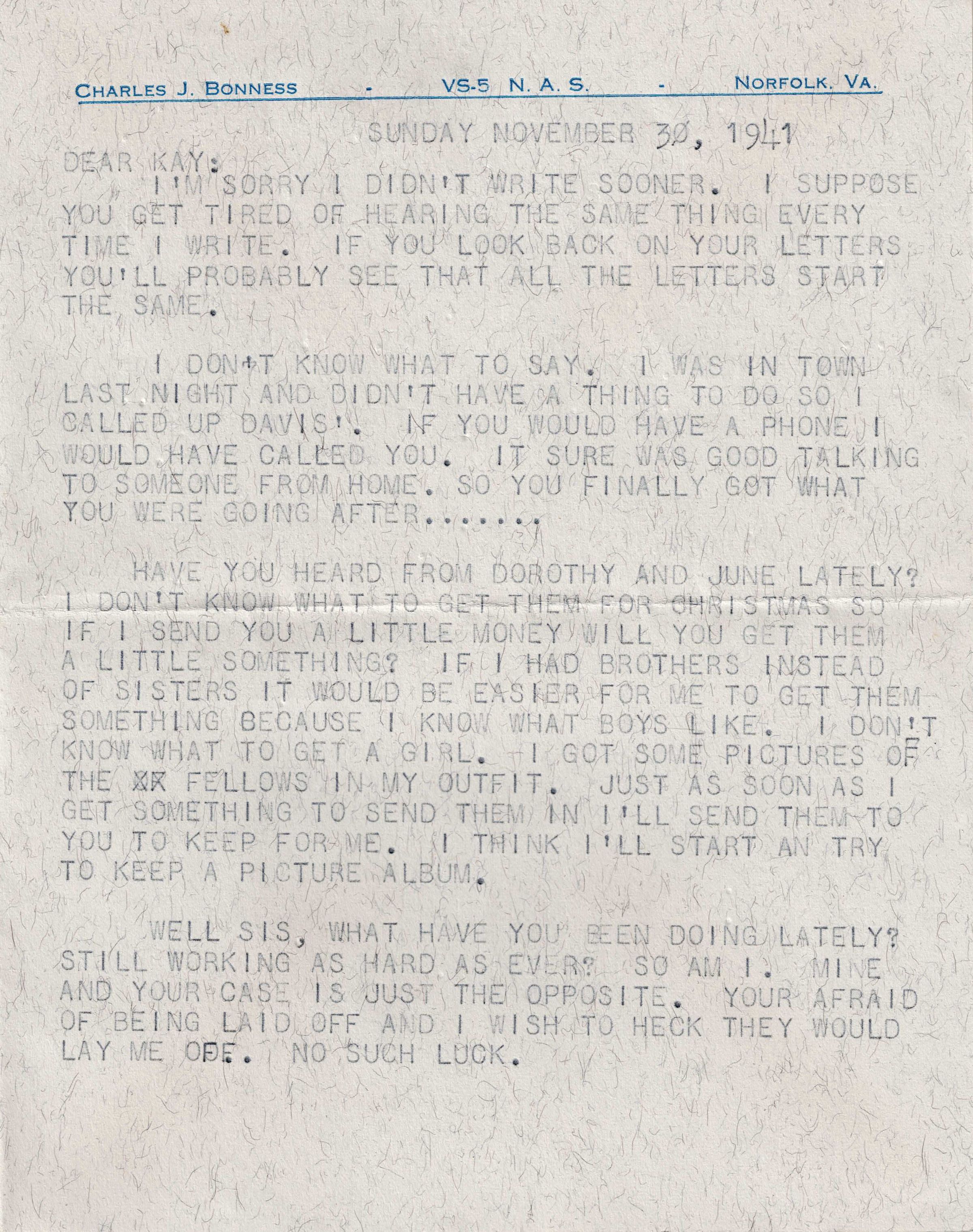 Primary Image of Letter from Charles Bonness to His Sister, November 30, 1941