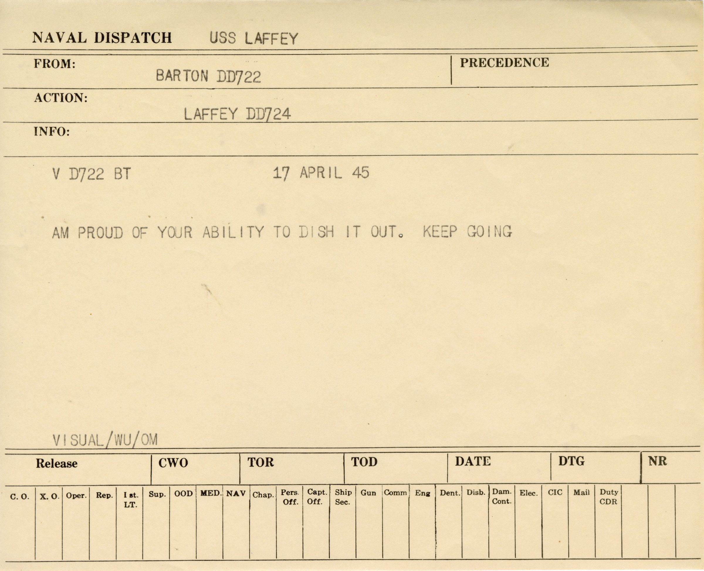 Primary Image of Message from the USS Barton (DD-722) to the USS Laffey (DD-724) Dated April 17, 1945