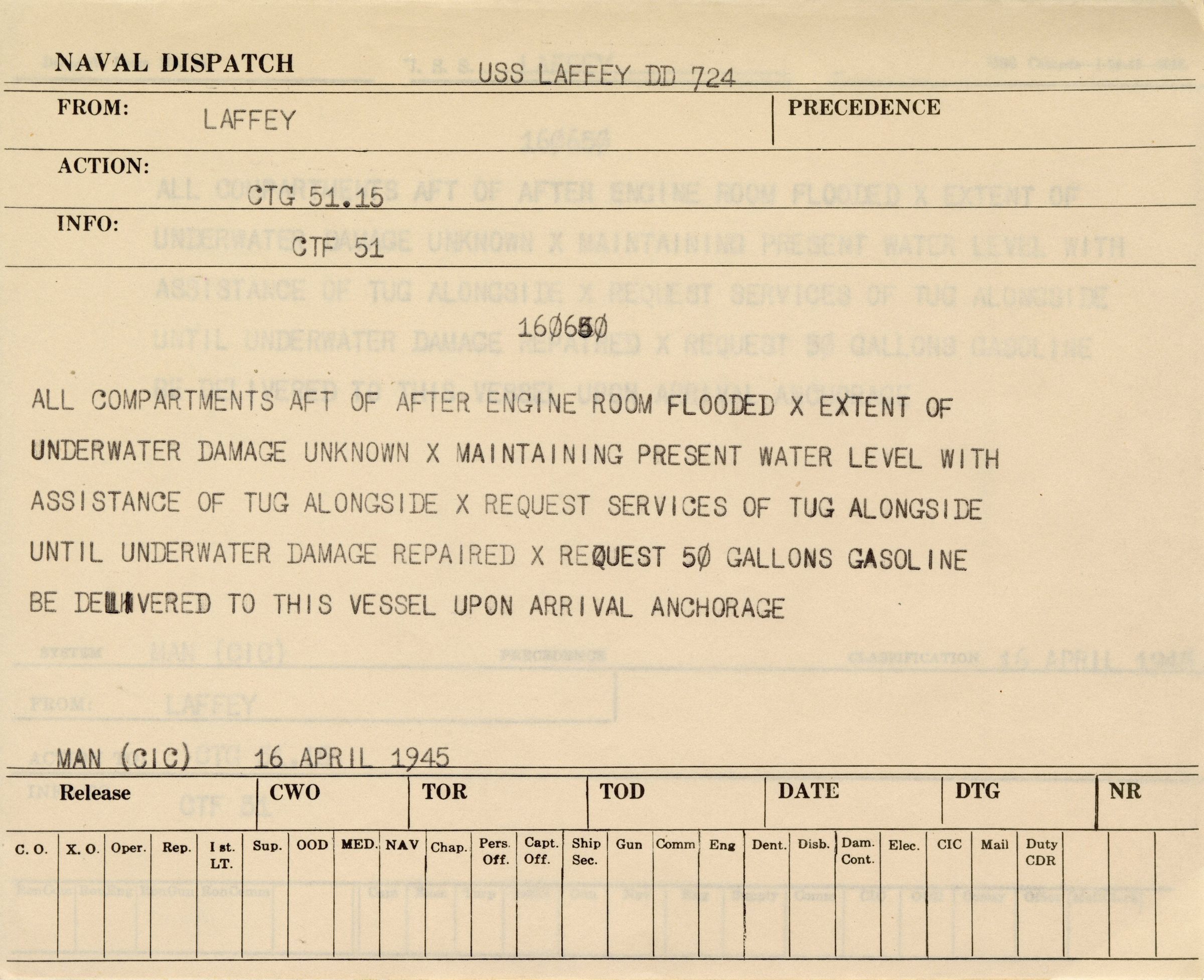 Primary Image of Message from the USS Laffey (DD-724) to Combat Task Force 51.15 Dated April 16, 1945