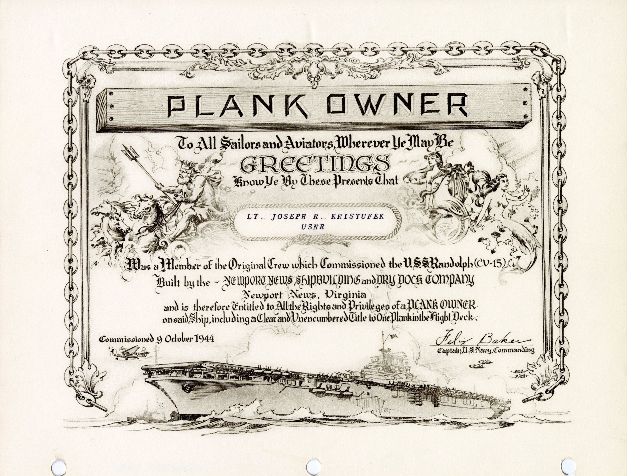 Joseph Kristufek's Plank Certificate for the USS Randolph (CV-15