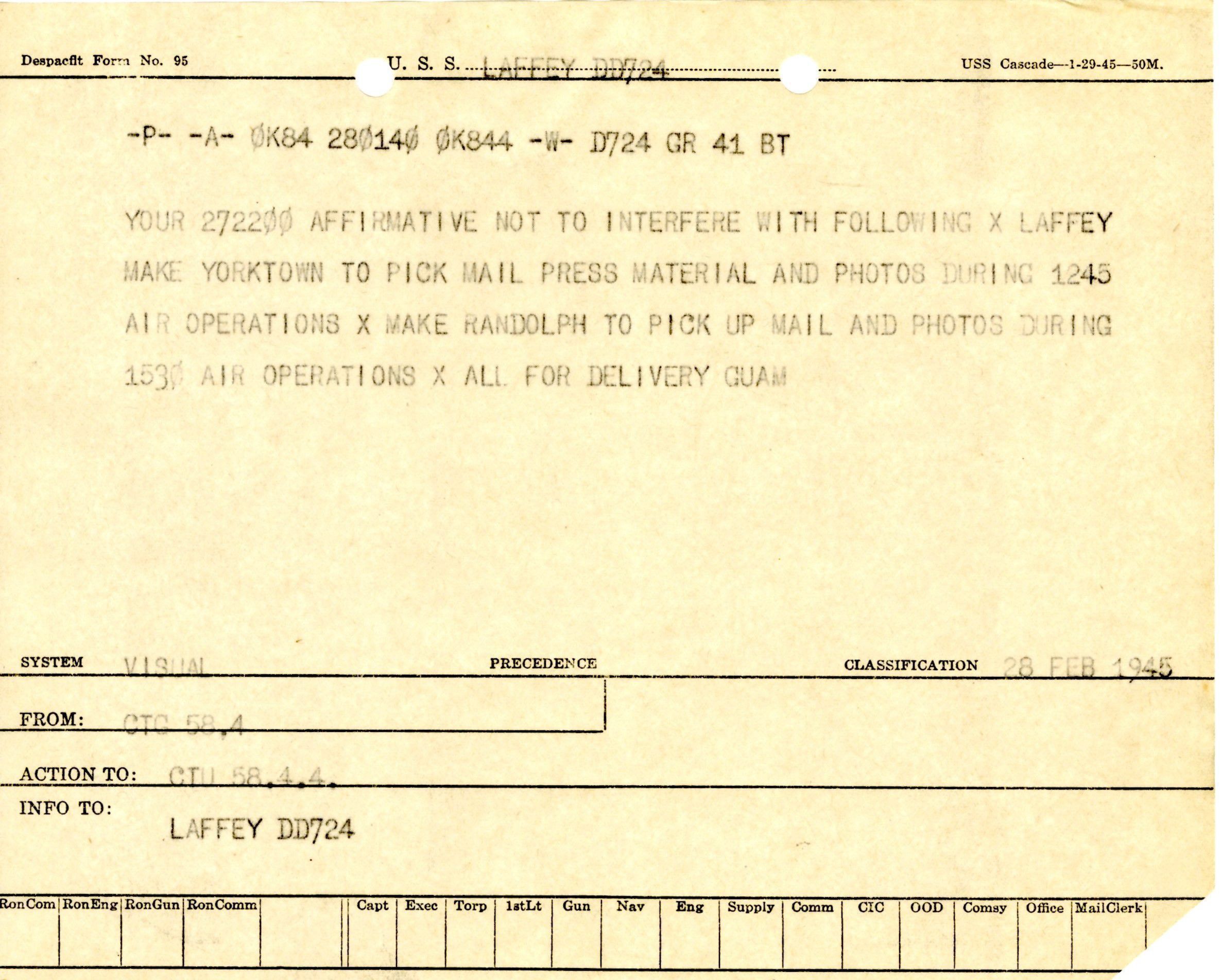 Primary Image of Message to Pick up from USS Yorktown