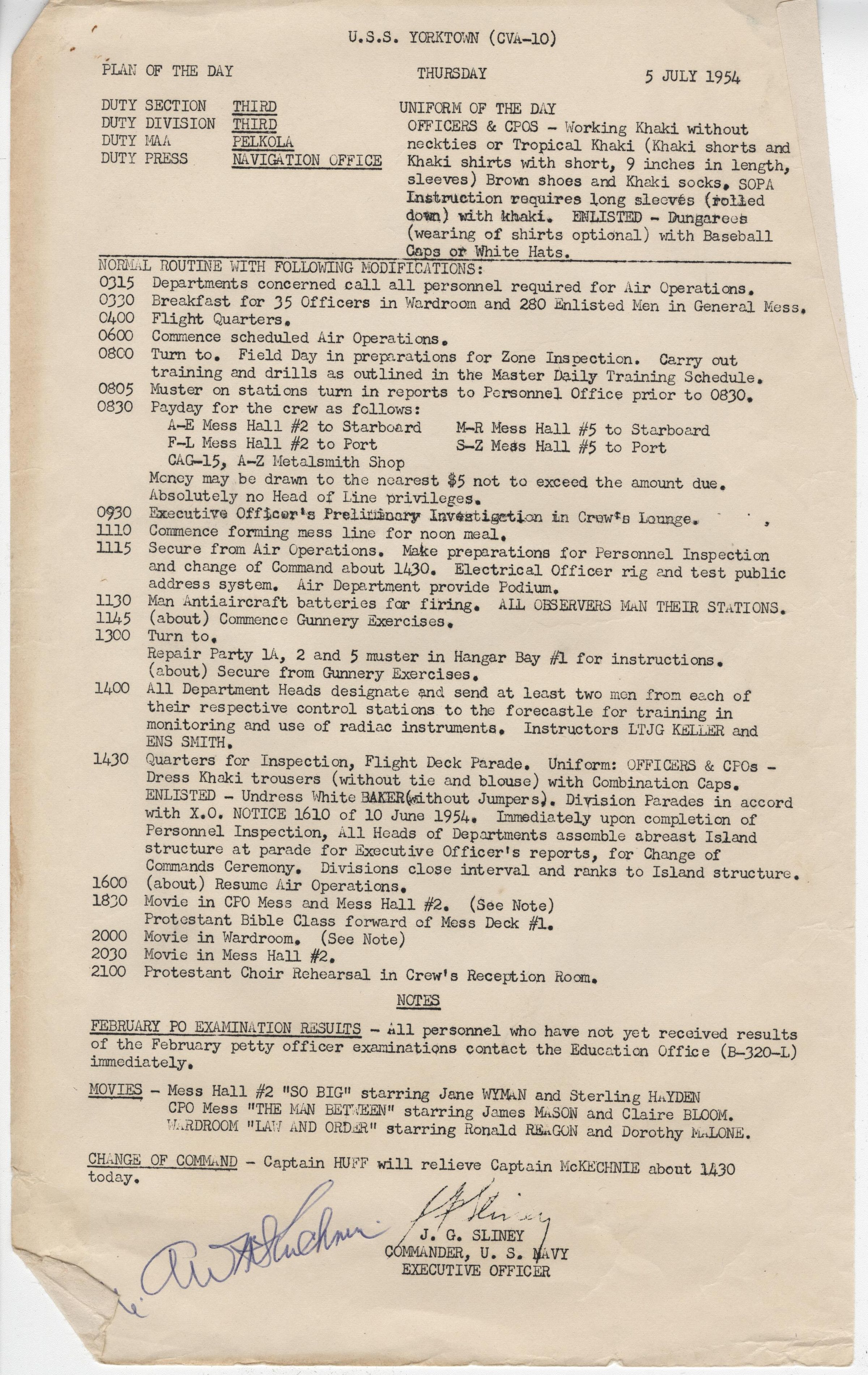 Primary Image of USS Yorktown (CVA-10) Plan of The Day for July 5, 1954