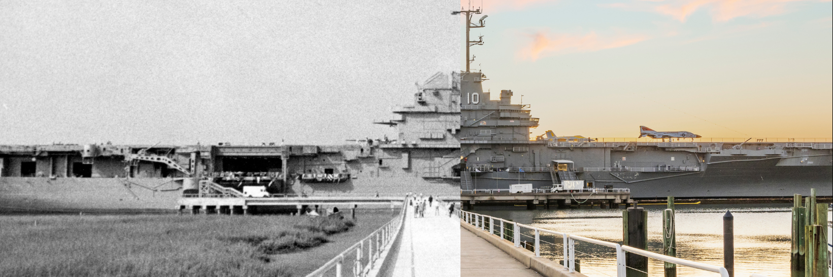 Vintage photo of Patriots Point and current image.