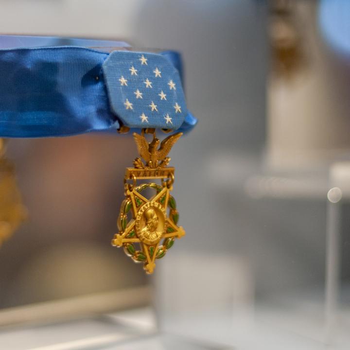 A Medal of Honor sits in a display case at the Medal of Honor Museum at Patriots Point.