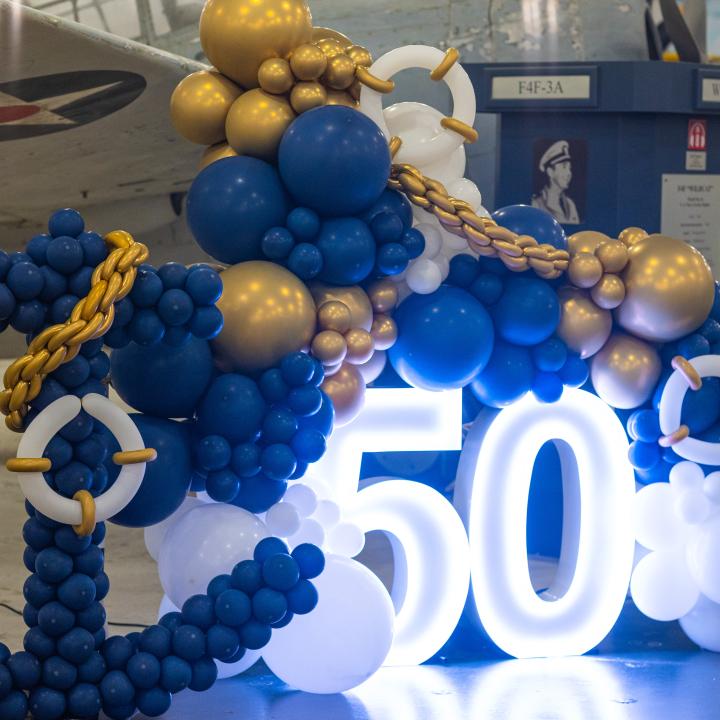 Balloons and the number 50 in marquee lights to celebrate the anniversary.