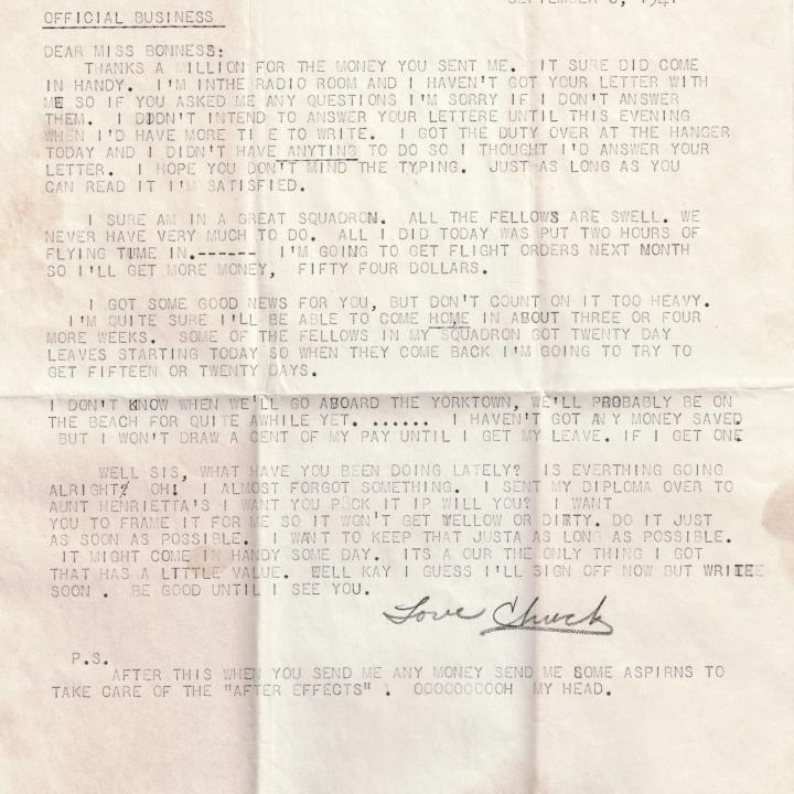 Primary Image of Letter from Charles Bonness to His Sister, September 6, 1941