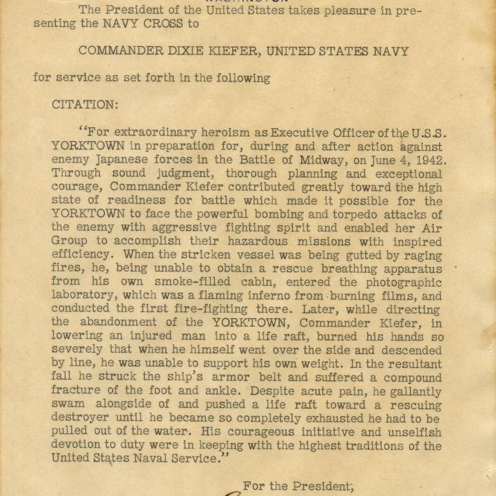 Primary Image of Navy Cross Citation of Dixie Kiefer