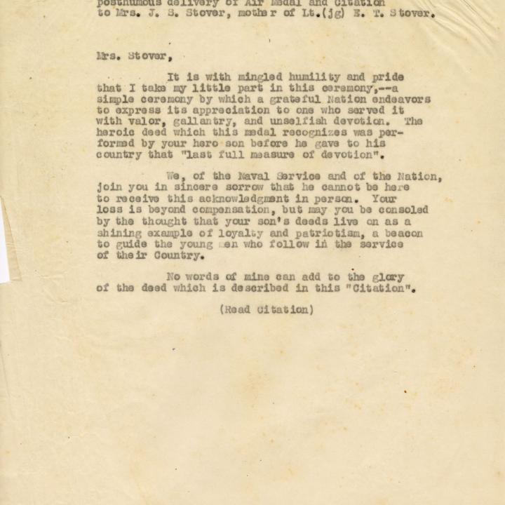 Primary Image of Remarks Made by Captain E. L. Woodside as he Posthumously Delivered Elisha "Smokey" Stover's Air Medal.