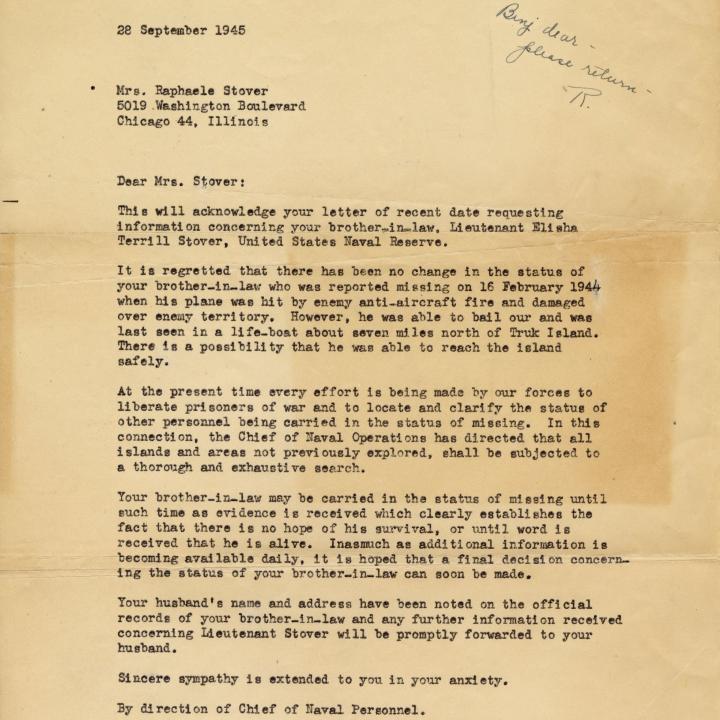 Primary Image of Missing in Action Letter Sent to Mrs. Raphaele Stover About Elisha "Smokey" Stover