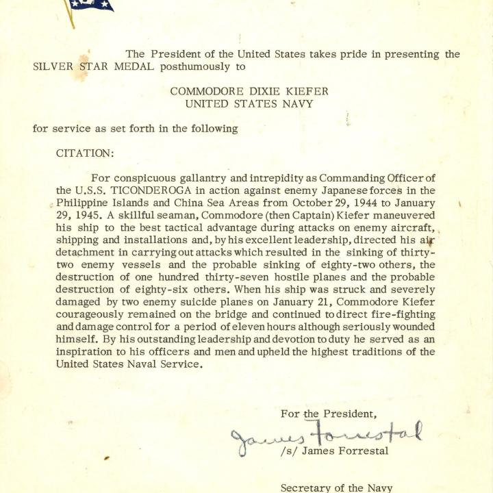 Primary Image of Silver Star Medal Citation of Dixie Kiefer