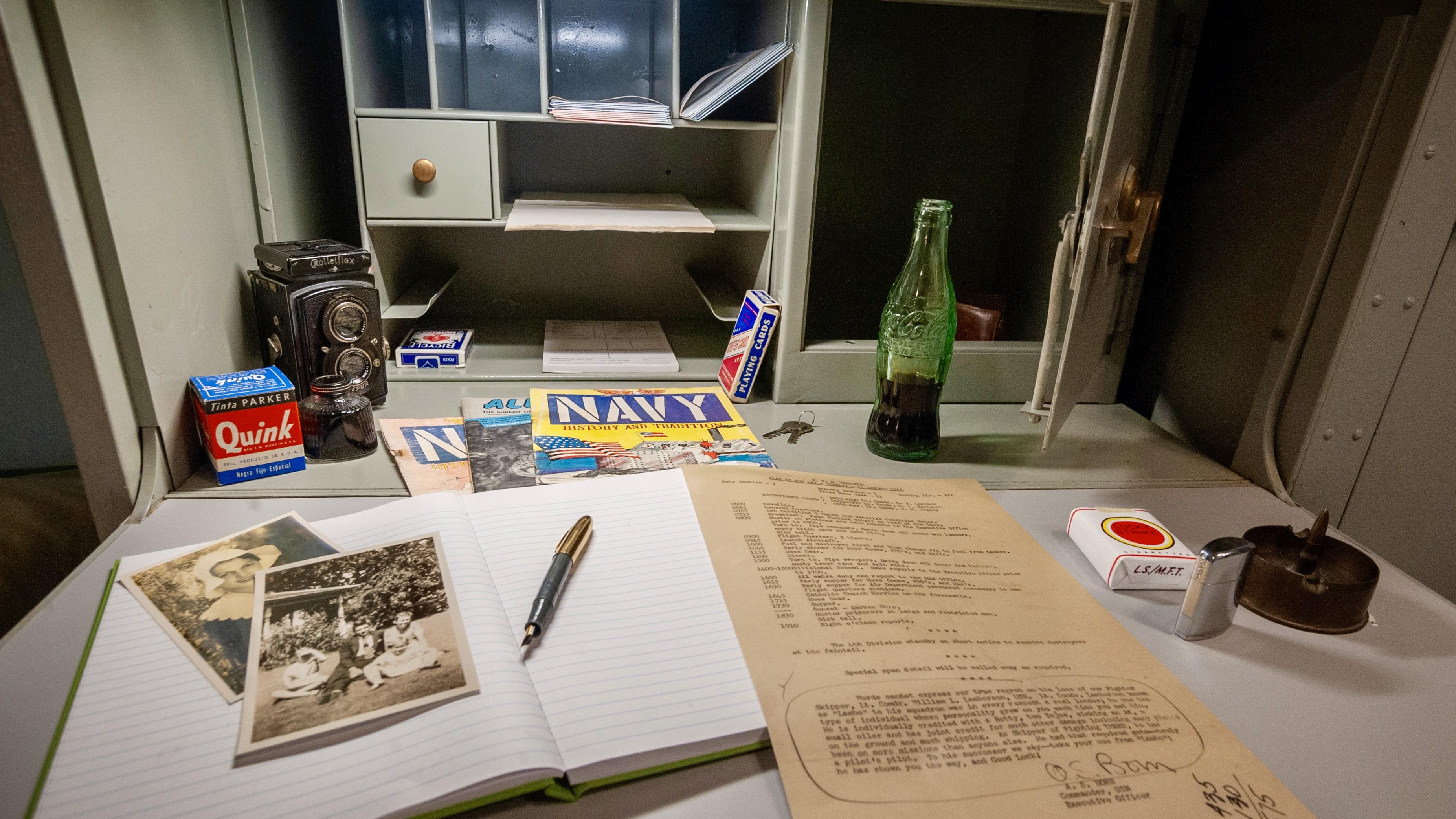 Closeup of Officer's desk with various desk items