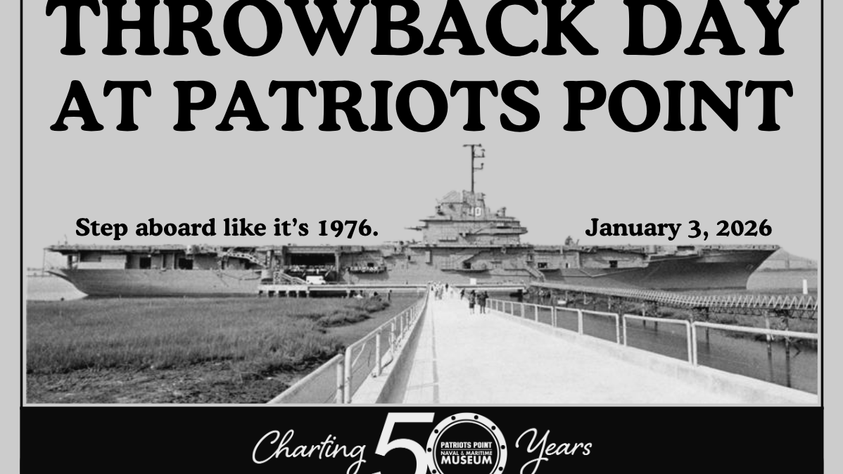 Black and white photograph of the USS Yorktown in 1976 with the words "Throwback Day"